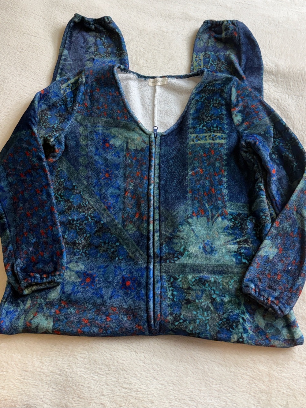 Natural Life Blue Patchwork Floral Fleece One Piece Pajama Jumpsuit Small - Picture 2 of 9